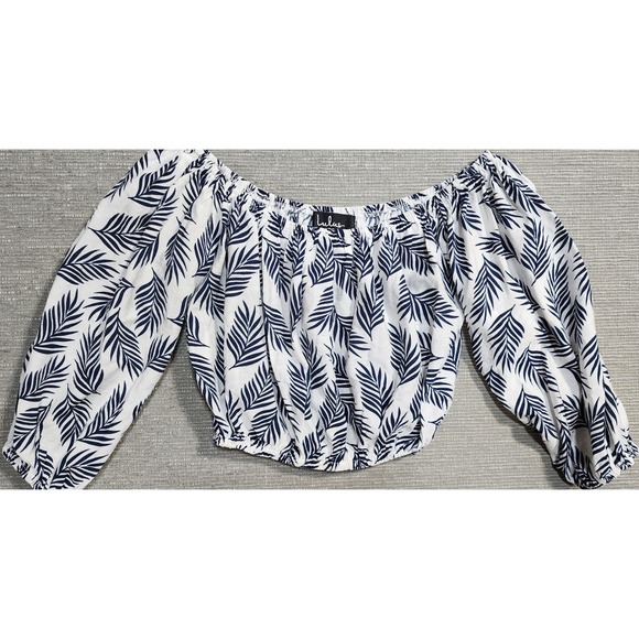Lulus Tops - Lulus‎ Womens XS Off The Shoulder Crop Top Navy Blue White Tropical